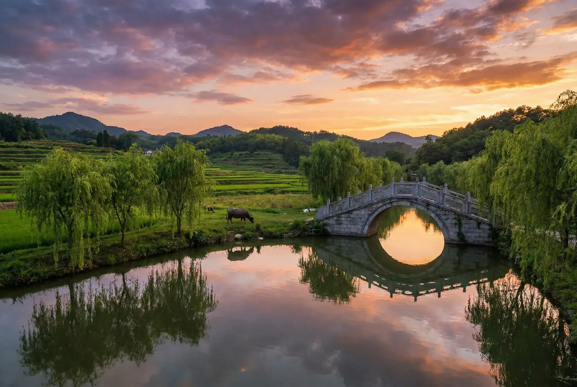 夕阳下的石拱桥与垂柳，水牛在河边吃草 - 青楼十二房完整电影 乡村美景